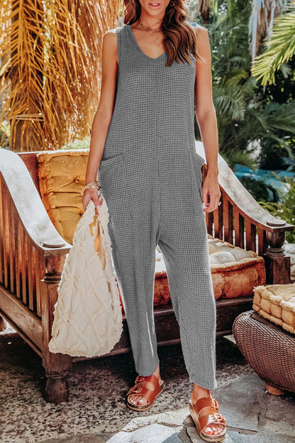 Casual Solid Pocket V Neck Loose Jumpsuits Grey