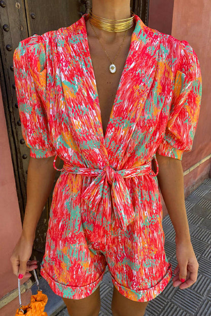 Casual Print Bandage Turn-back Collar Loose Rompers Red