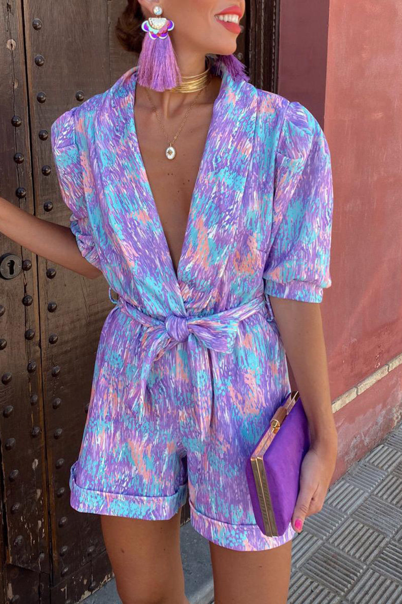 Casual Print Bandage Turn-back Collar Loose Rompers