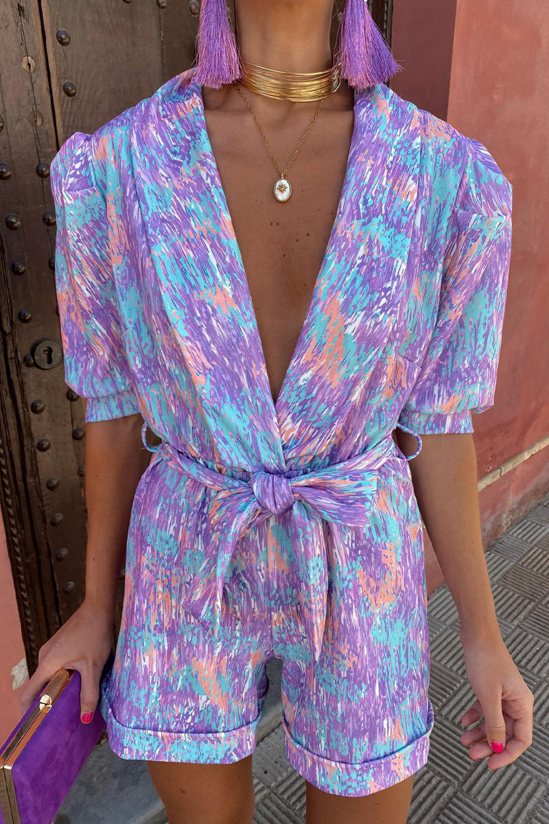 Casual Print Bandage Turn-back Collar Loose Rompers Purple