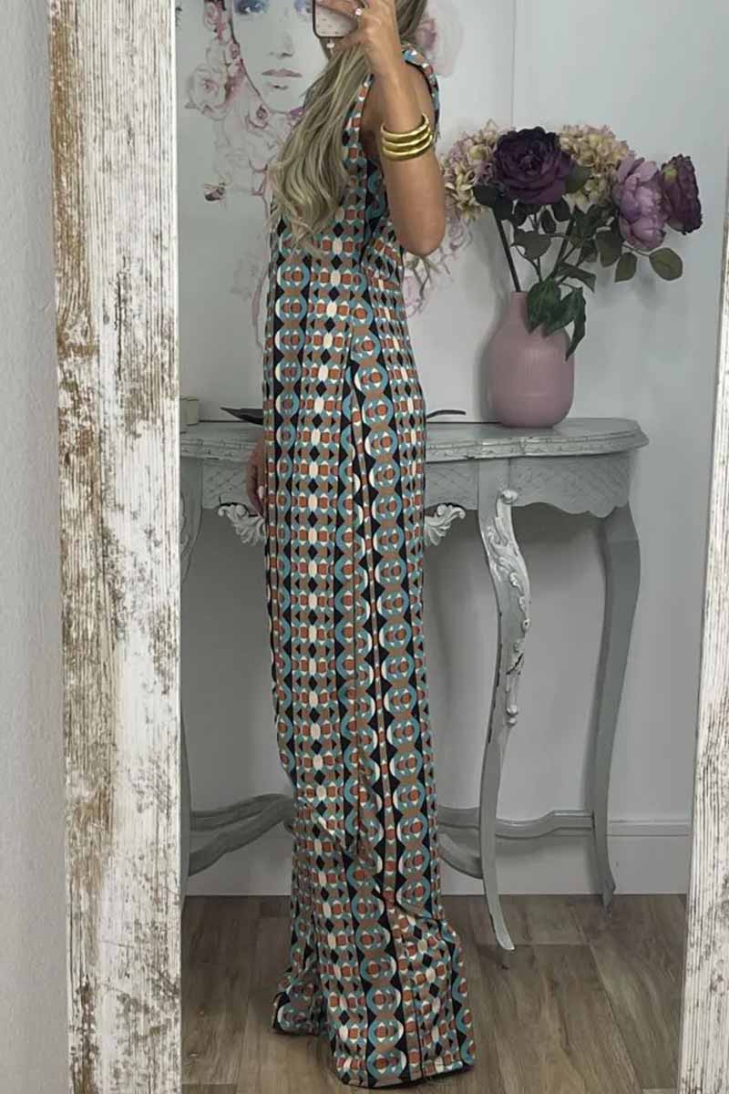 Casual Print Slit O Neck Sleeveless Two Pieces