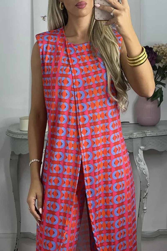 Casual Print Slit O Neck Sleeveless Two Pieces Red