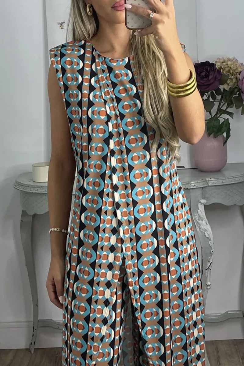 Casual Print Slit O Neck Sleeveless Two Pieces Baby Blue