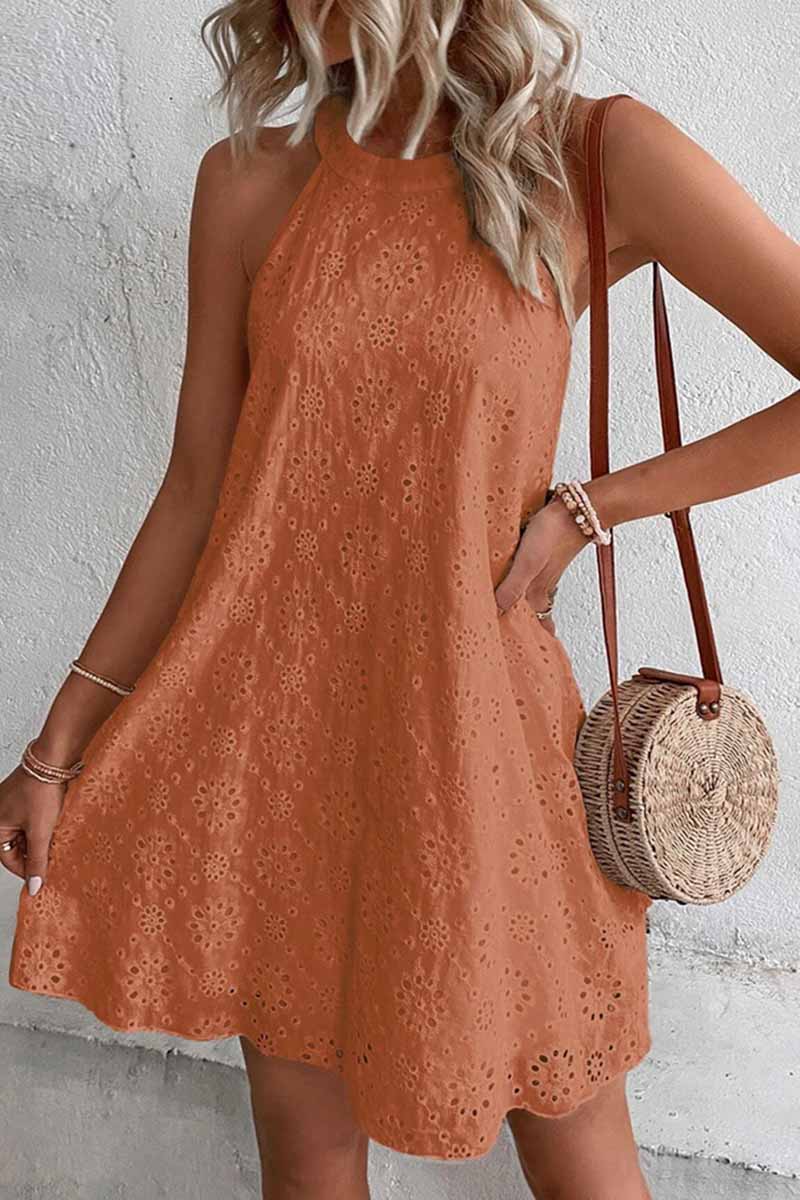 Casual Sweet Solid O Neck A Line Dresses(4 Colors) Orange