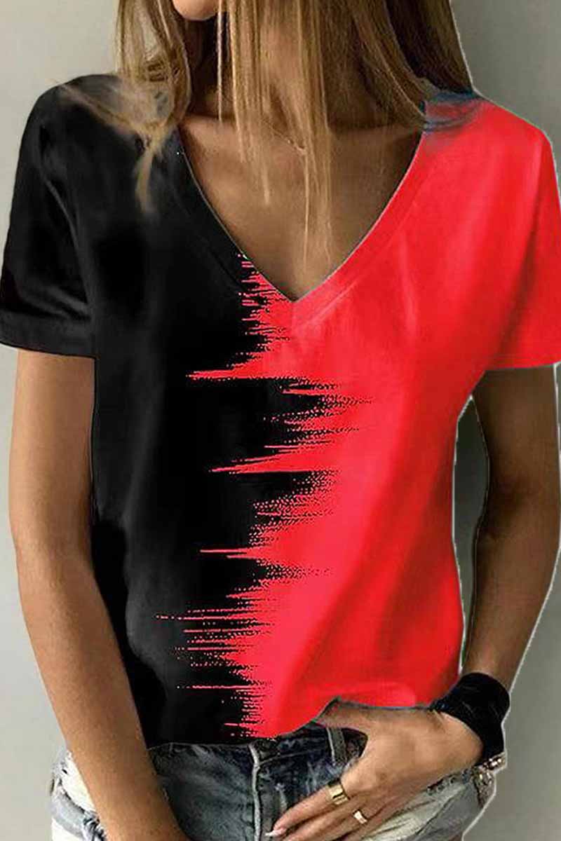 Street Print Patchwork V Neck T-Shirts Red