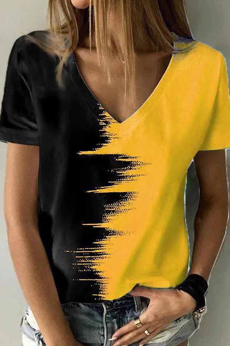 Street Print Patchwork V Neck T-Shirts Yellow