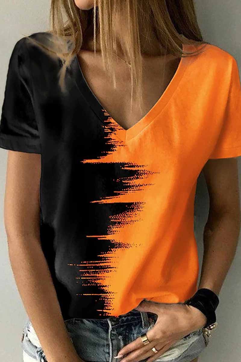 Street Print Patchwork V Neck T-Shirts Orange