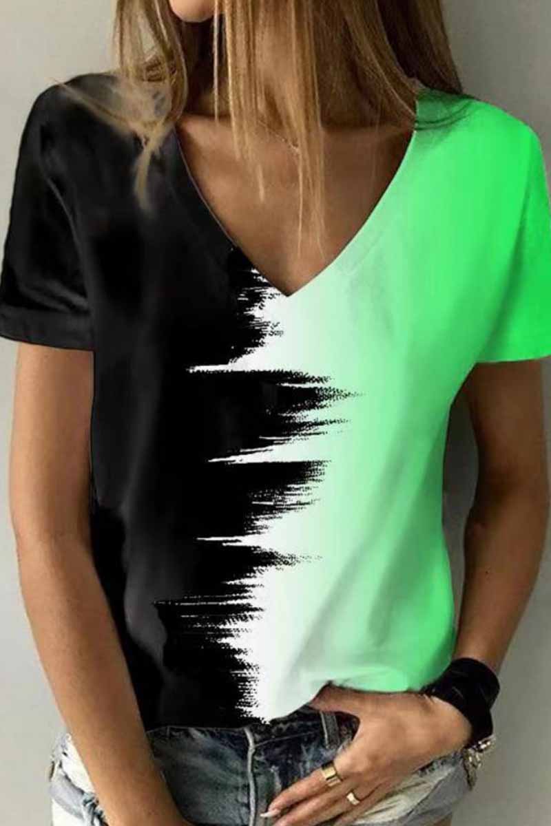 Street Print Patchwork V Neck T-Shirts Light Green