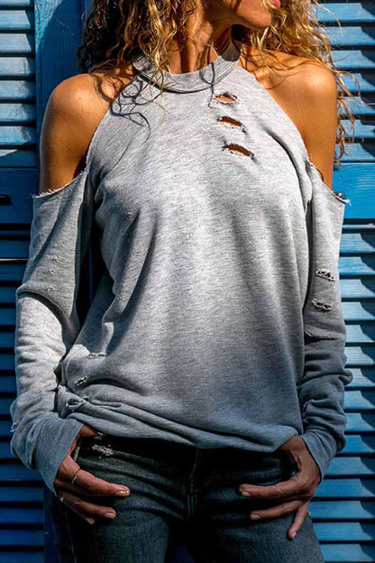 Street Solid Ripped Burn-out O Neck Tops(4 Colors) Grey