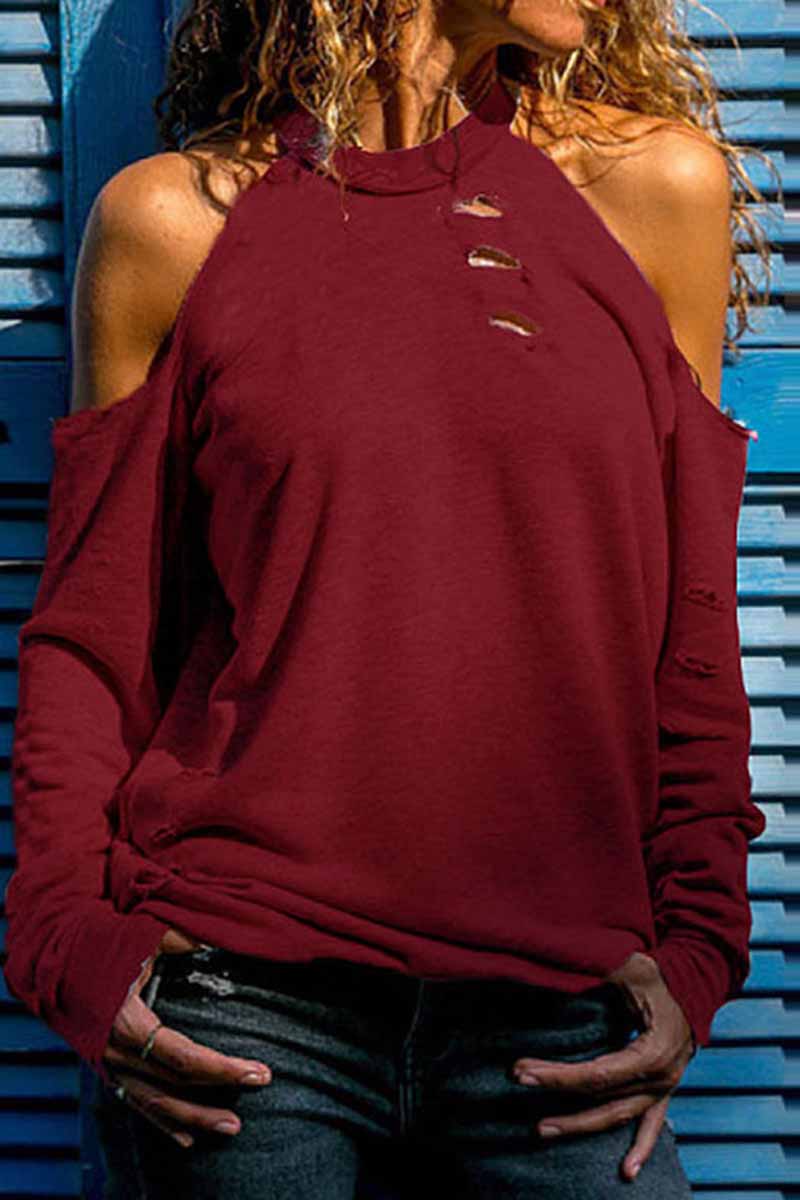 Street Solid Ripped Burn-out O Neck Tops(4 Colors) Burgundy