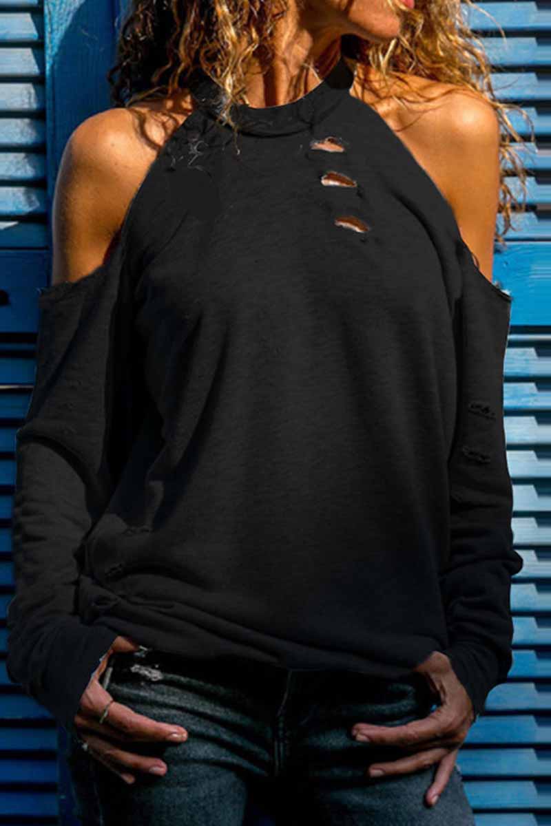 Street Solid Ripped Burn-out O Neck Tops(4 Colors) Black