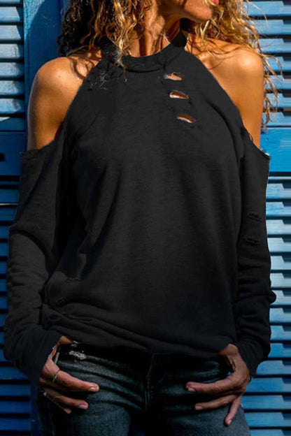 Street Solid Ripped Burn-out O Neck Tops(4 Colors) Black