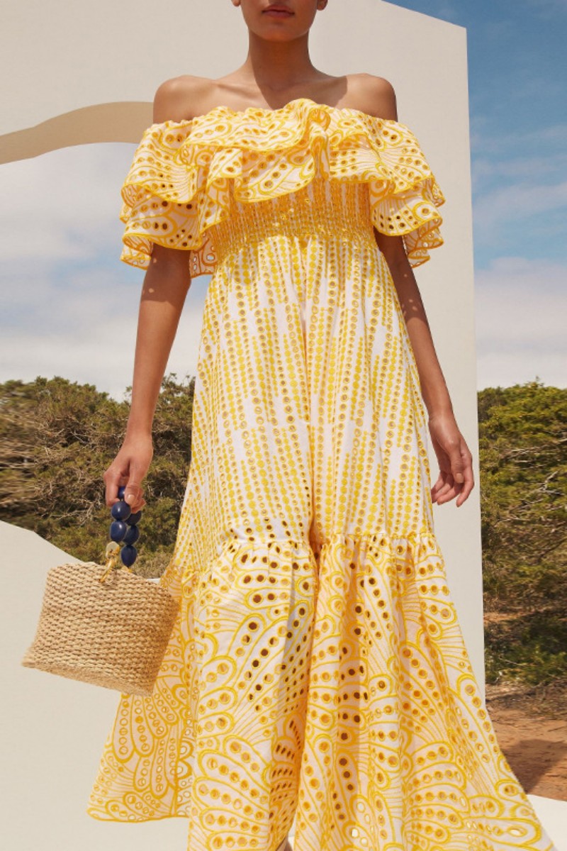 Casual Print Patchwork Off the Shoulder Long Dress Dresses Yellow