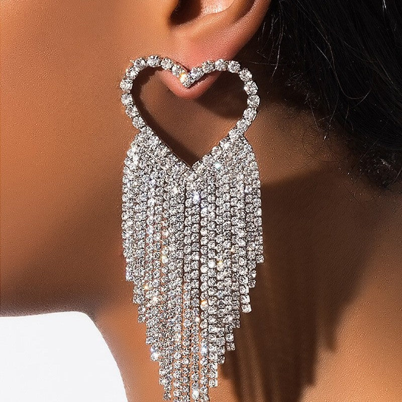 Casual Party Patchwork Rhinestone Tassel Earrings Silver One Size