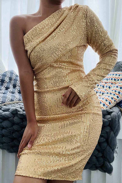 Sexy Solid Sequins One Shoulder One Step Skirt Dresses Golden Yellow