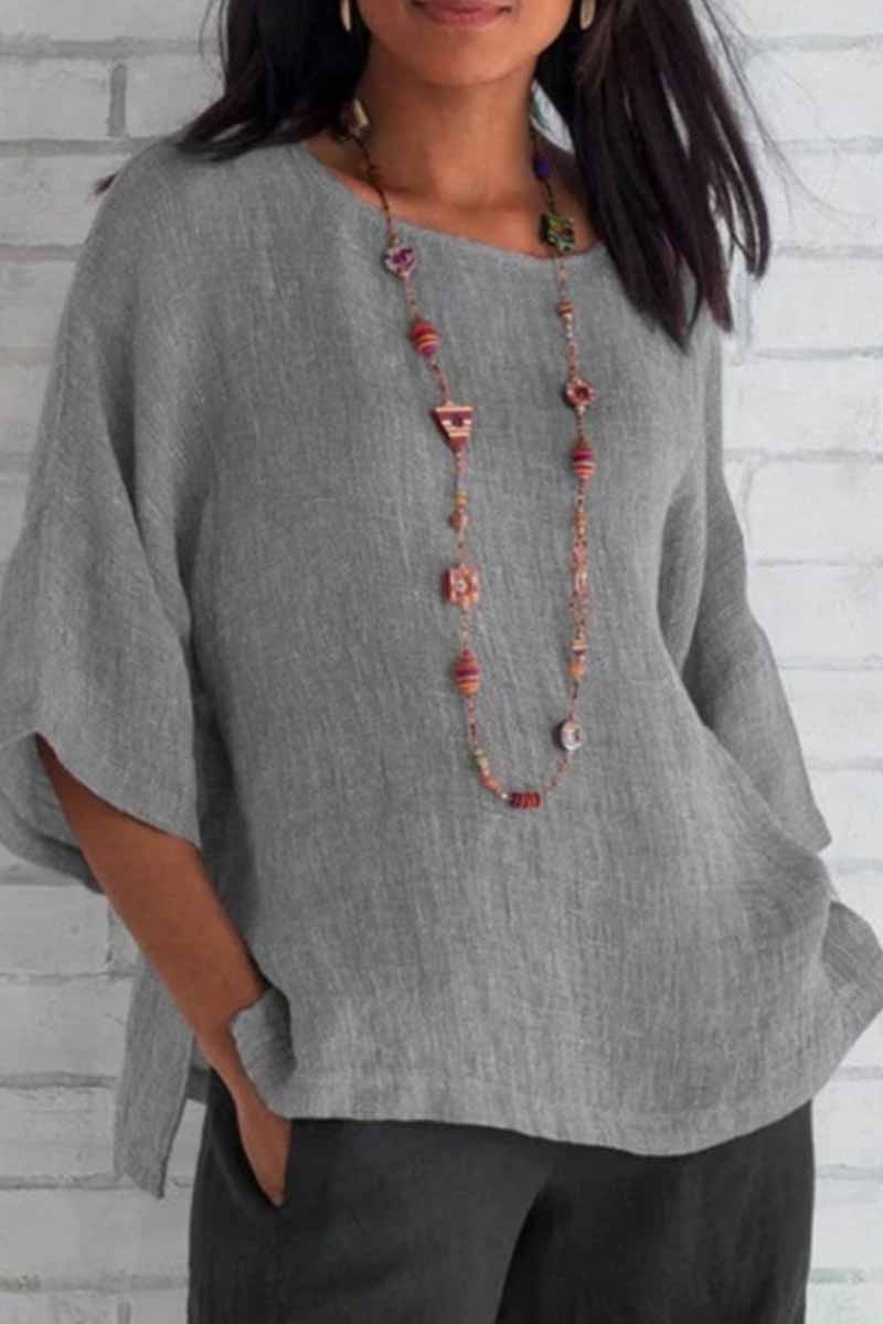 Casual Solid O Neck Tops Grey