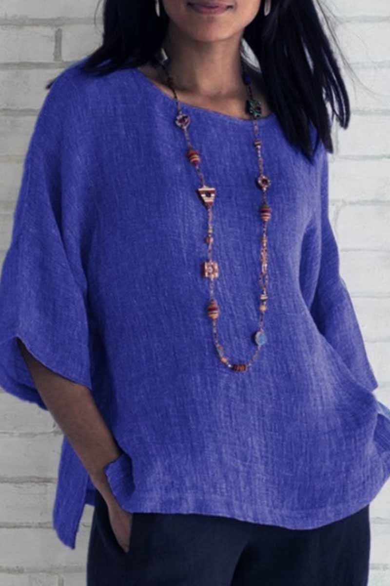 Casual Solid O Neck Tops Blue