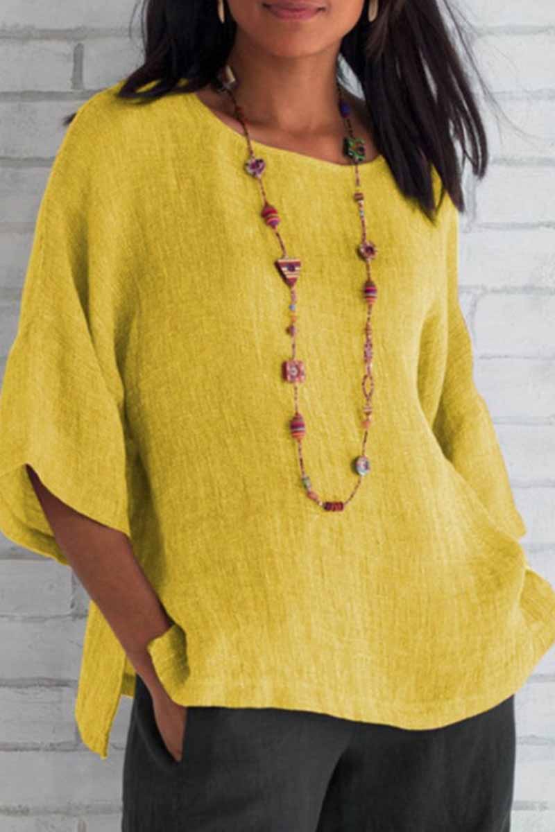 Casual Solid O Neck Tops Yellow