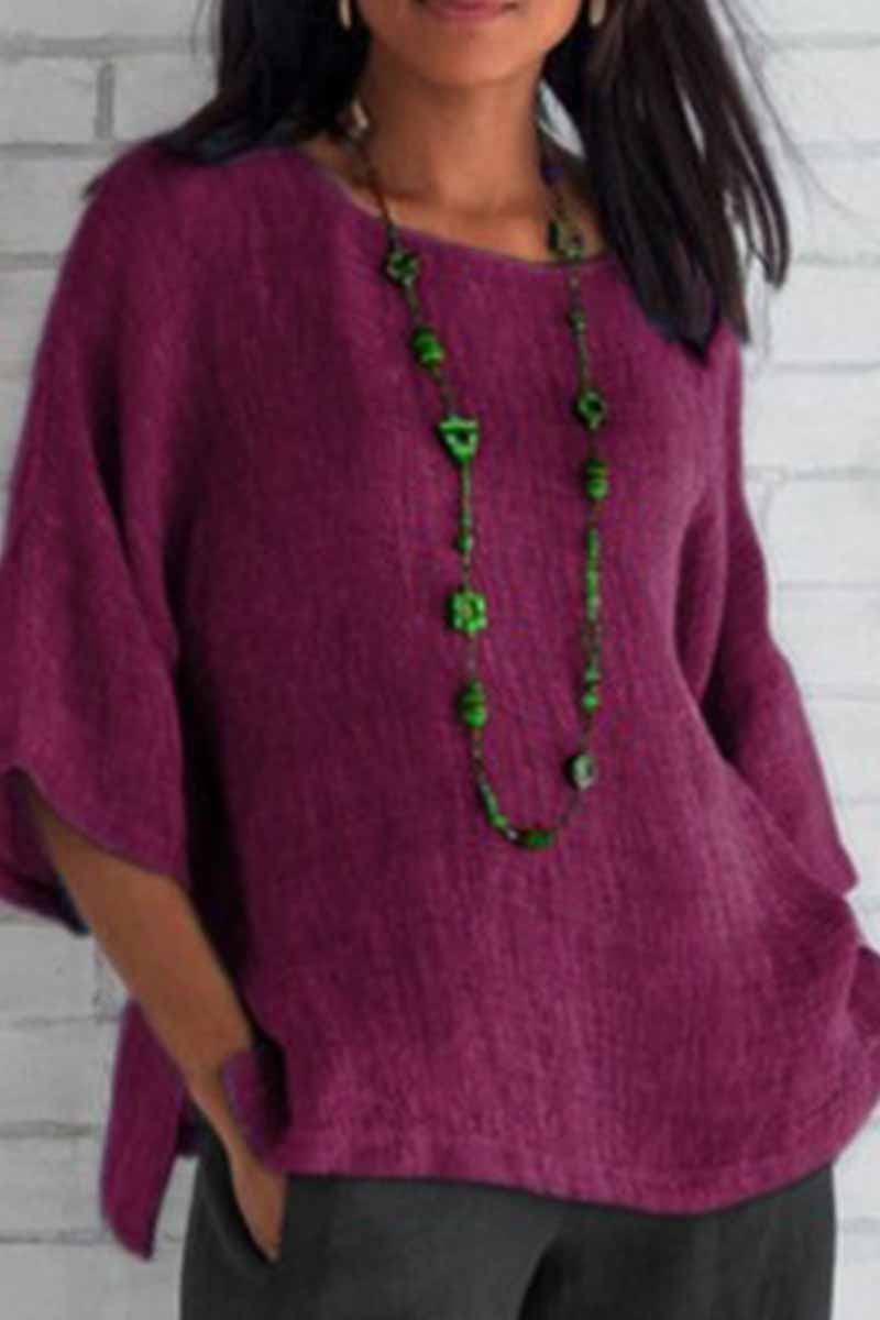 Casual Solid O Neck Tops Fuchsia