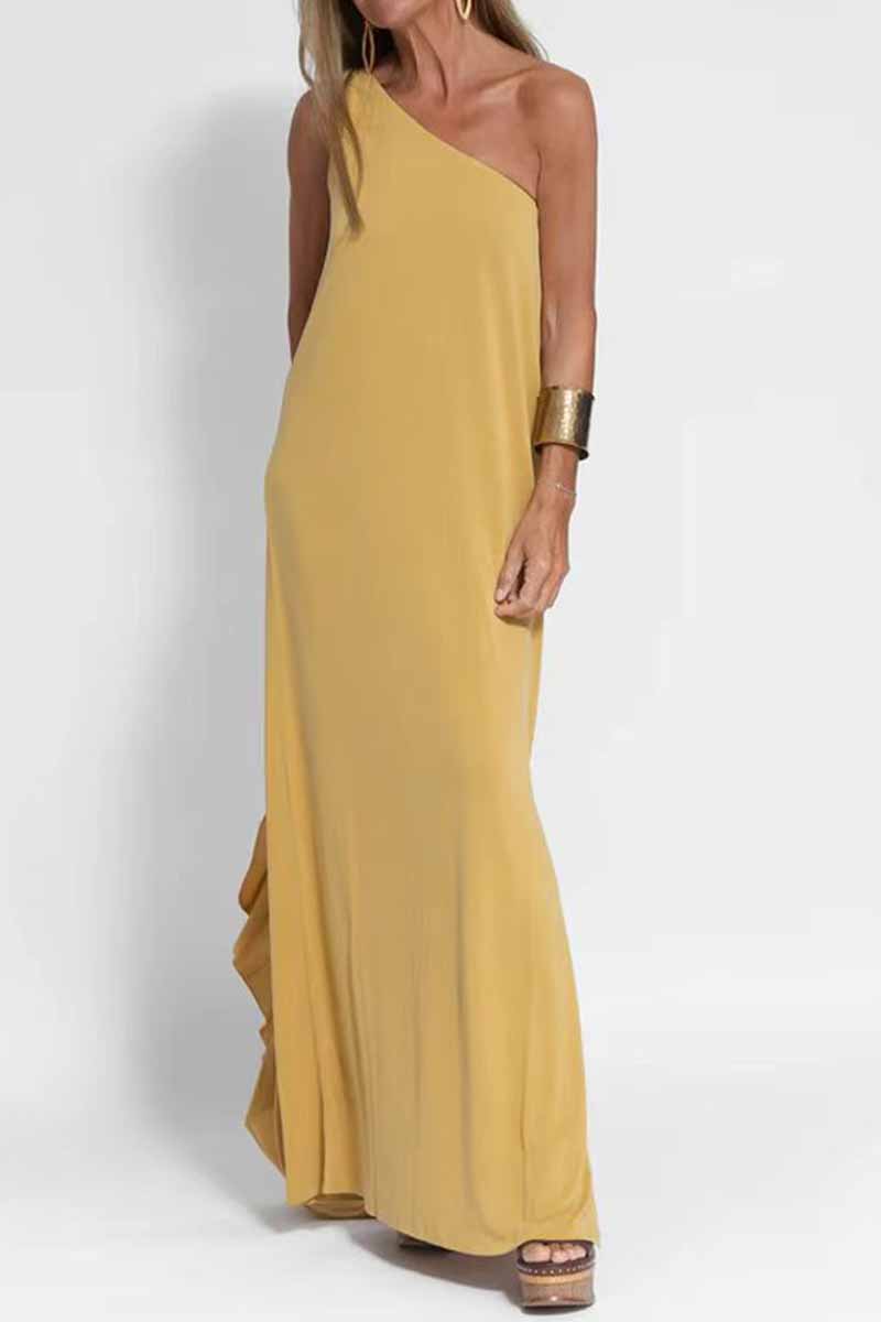 Elegant Solid Slit One Shoulder A Line Dresses Yellow