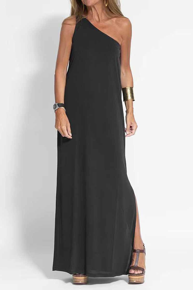 Elegant Solid Slit One Shoulder A Line Dresses Black