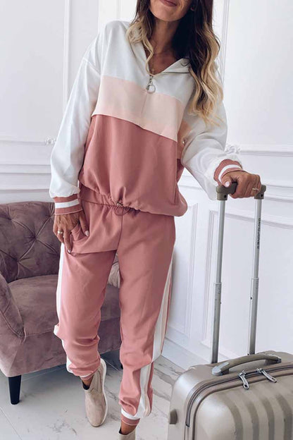 Elegant Solid Patchwork Hooded Collar Long Sleeve Two Pieces Pink