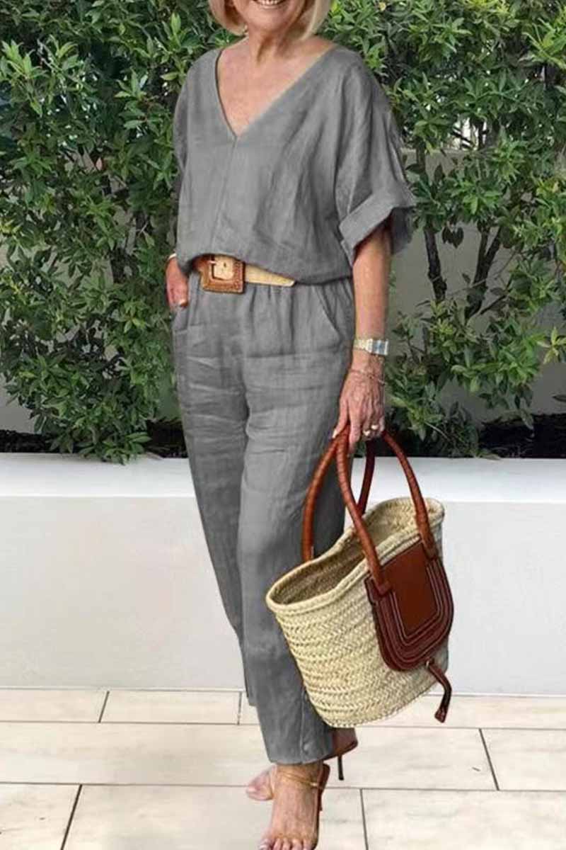 Casual Elegant Solid V Neck Short Sleeve Two Pieces Grey