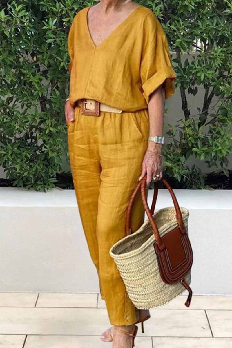 Casual Elegant Solid V Neck Short Sleeve Two Pieces Yellow