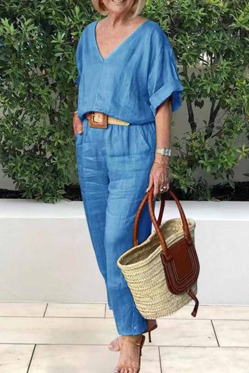 Casual Elegant Solid V Neck Short Sleeve Two Pieces Blue