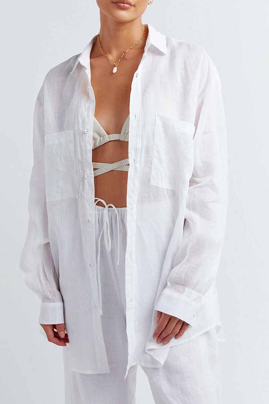 Casual Solid Turndown Collar Long Sleeve Two Pieces White