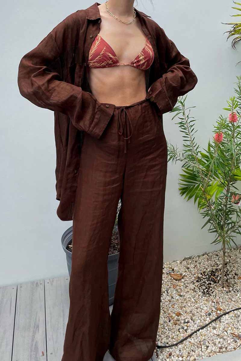 Casual Solid Turndown Collar Long Sleeve Two Pieces Brown