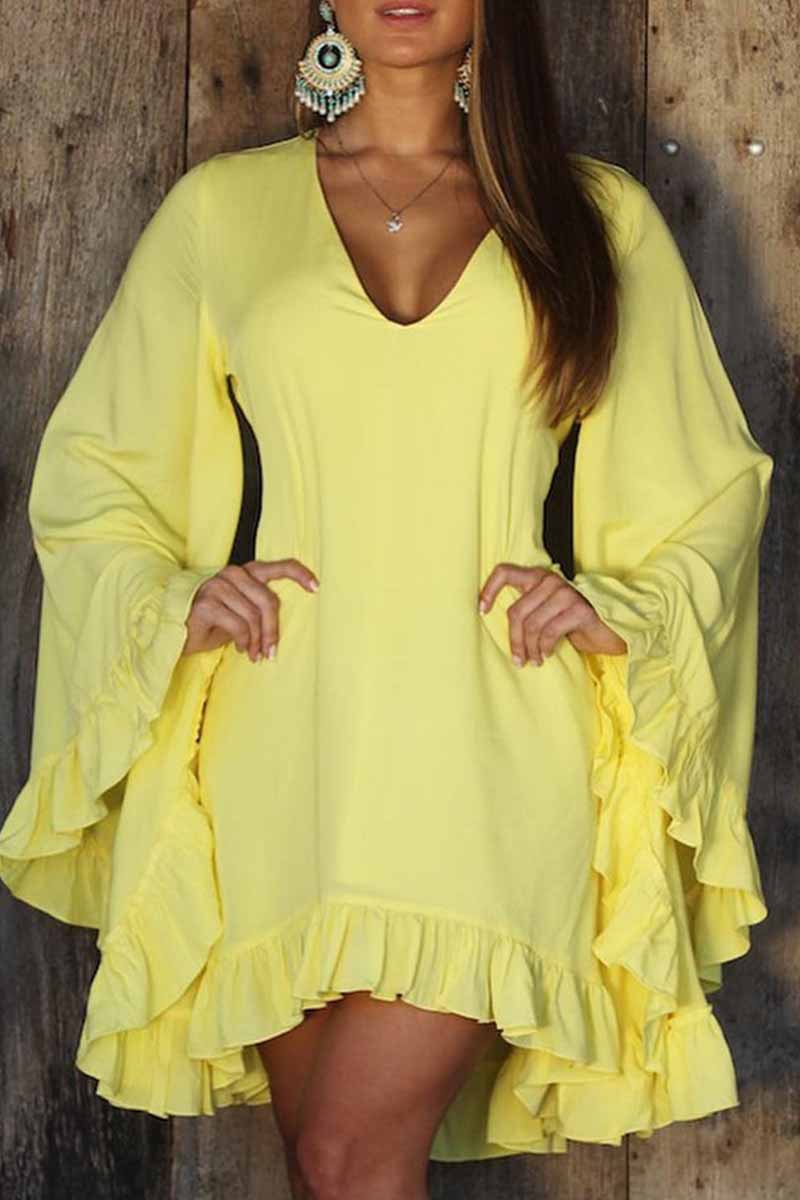 Sexy Solid Flounce V Neck Irregular Dress Dresses Yellow