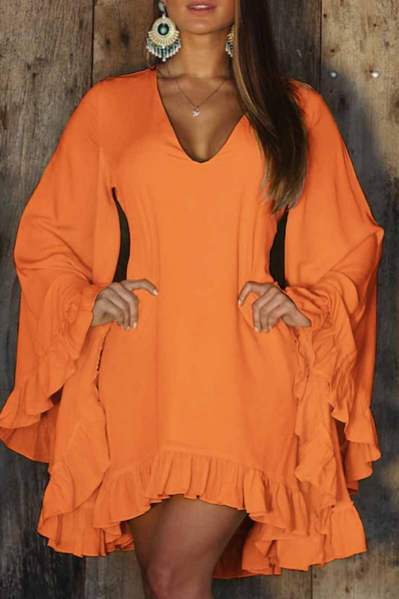 Sexy Solid Flounce V Neck Irregular Dress Dresses Orange