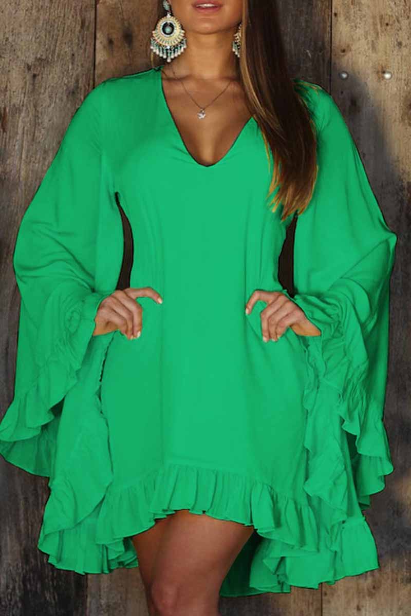 Sexy Solid Flounce V Neck Irregular Dress Dresses Green