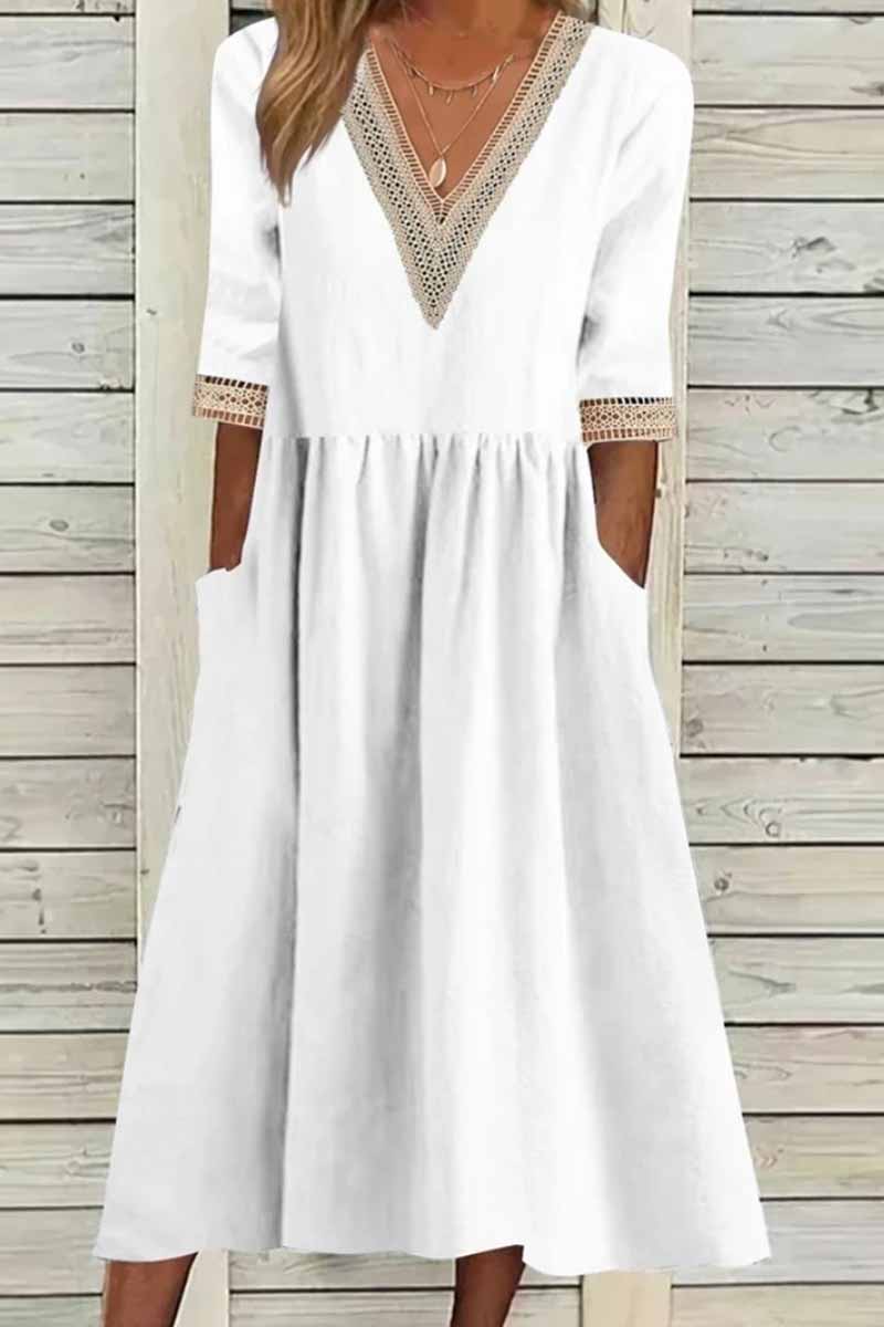 Elegant Solid Patchwork V Neck A Line Dresses(4 Colors) White