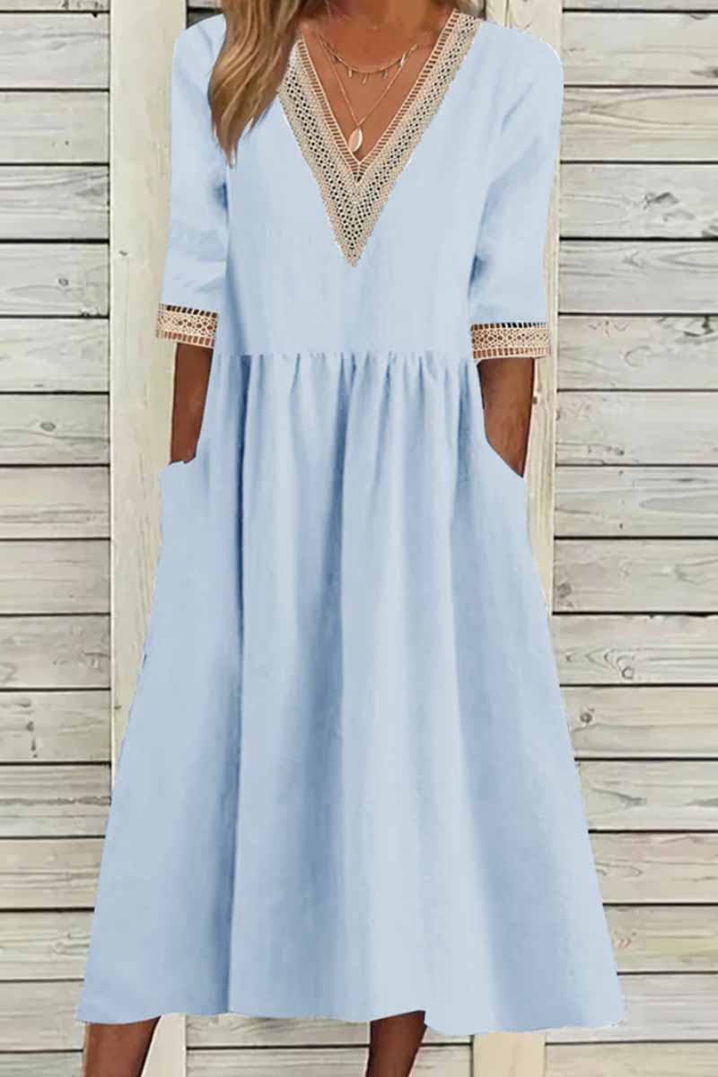 Elegant Solid Patchwork V Neck A Line Dresses(4 Colors) Light Blue