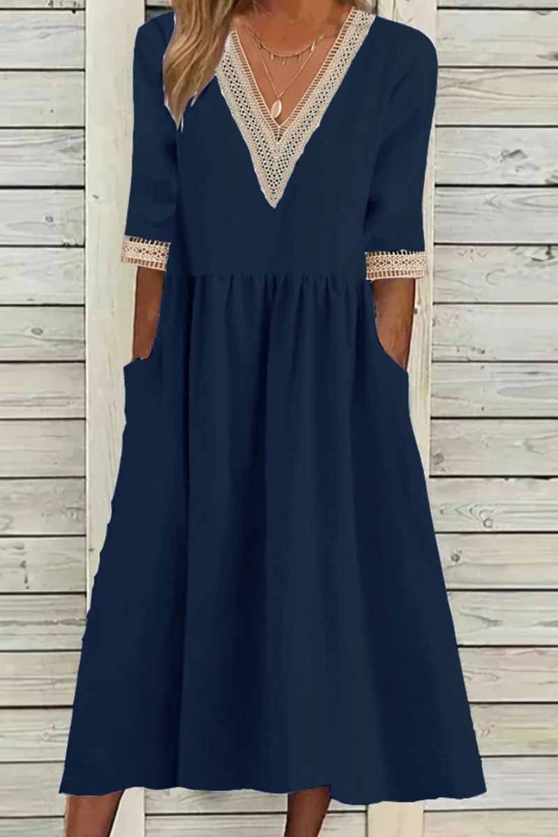 Elegant Solid Patchwork V Neck A Line Dresses(4 Colors) Navy Blue