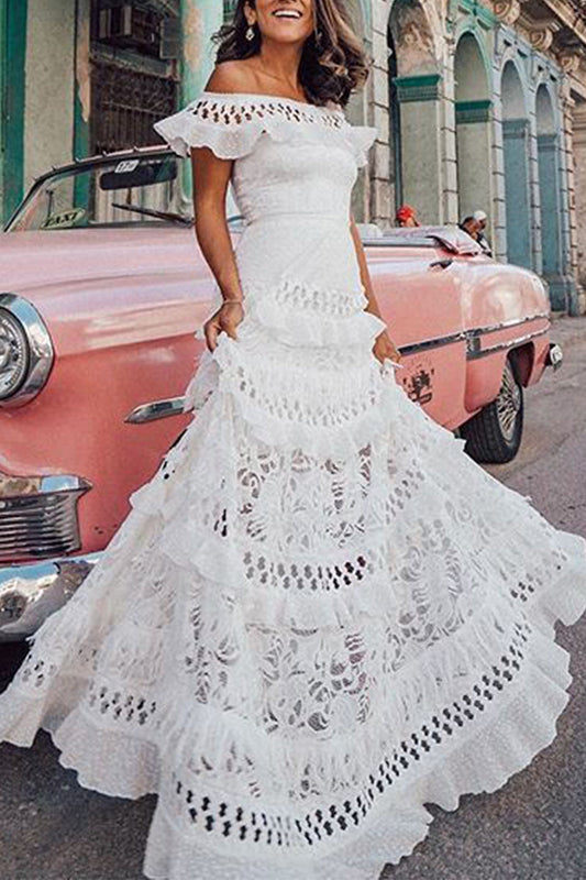 Celebrities Elegant Solid Lace Hollowed Out Without Belt Off the Shoulder A Line Dresses White