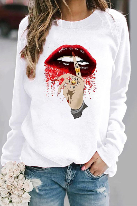 Casual Lips Printed O Neck Tops White Red