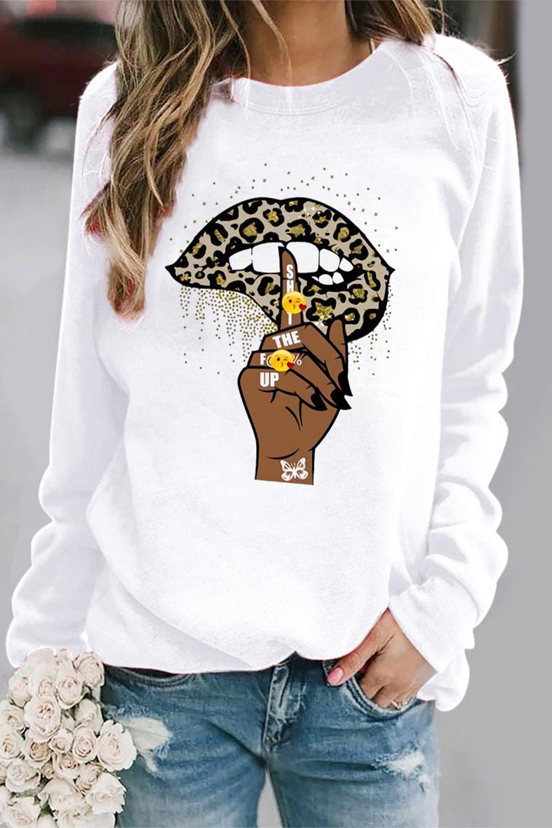 Casual Lips Printed O Neck Tops White Yellow