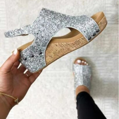 Casual Hollowed Out Sequins Patchwork Fish Mouth Out Door Wedges Shoes Silver