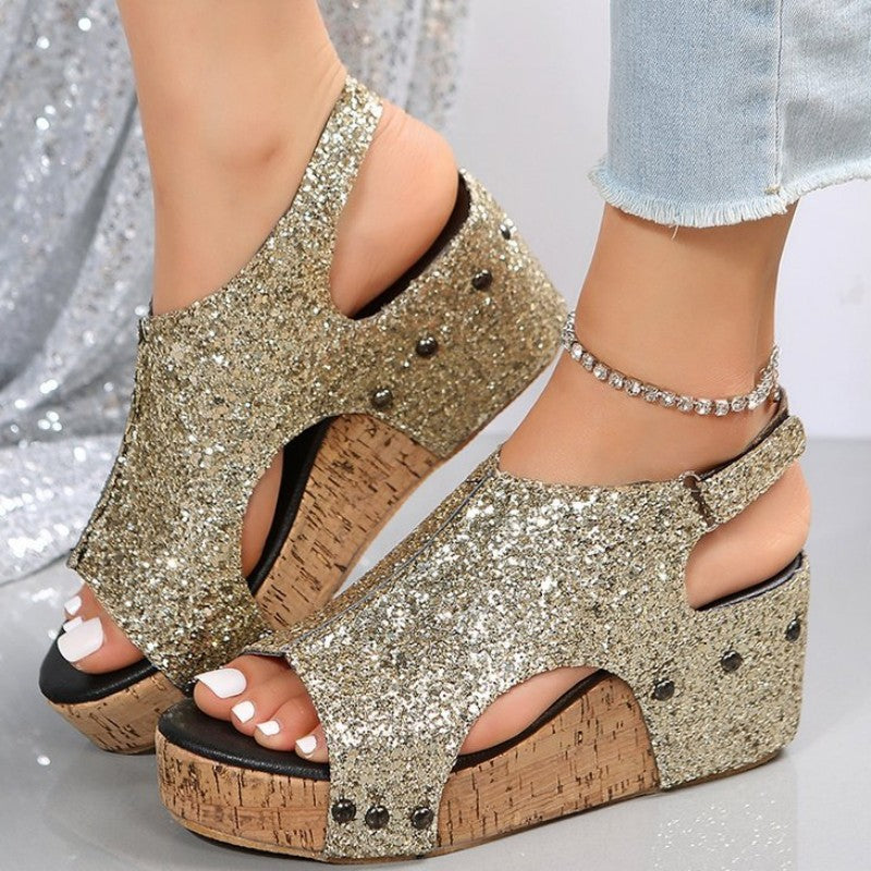 Casual Hollowed Out Sequins Patchwork Fish Mouth Out Door Wedges Shoes