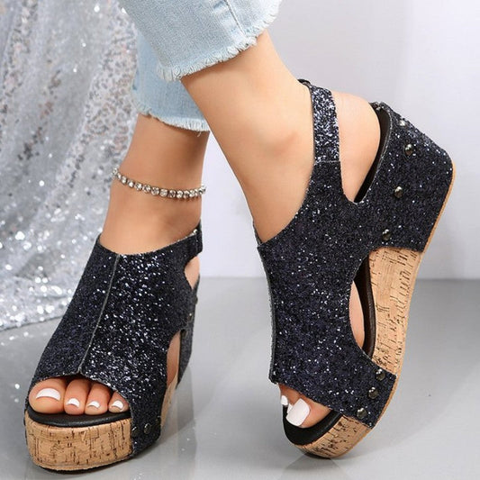 Casual Hollowed Out Sequins Patchwork Fish Mouth Out Door Wedges Shoes Black