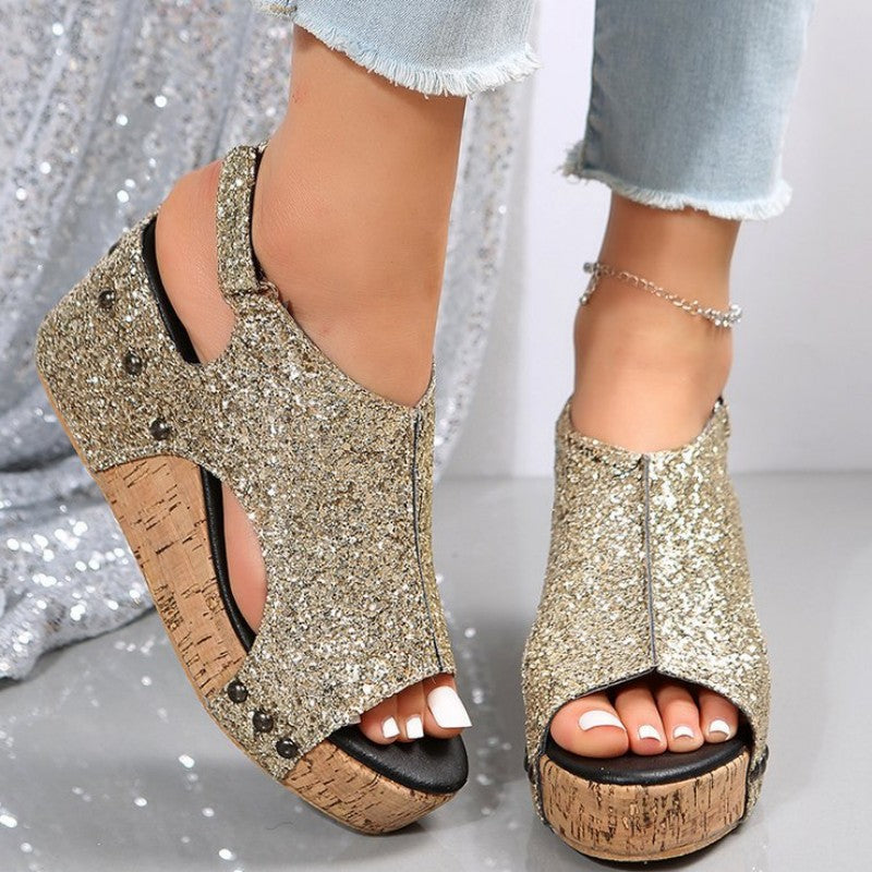 Casual Hollowed Out Sequins Patchwork Fish Mouth Out Door Wedges Shoes Gold