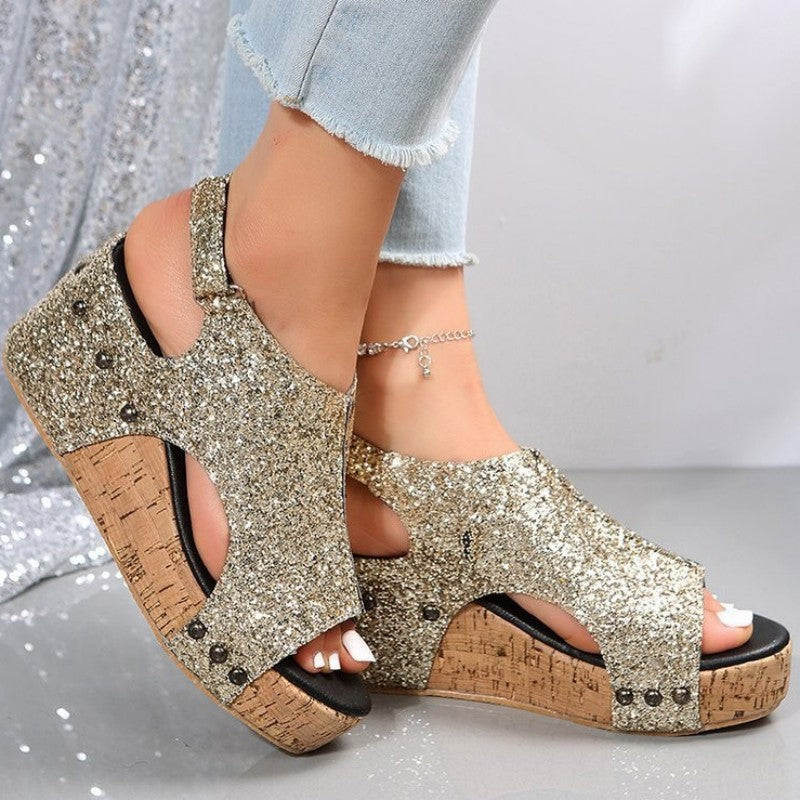 Casual Hollowed Out Sequins Patchwork Fish Mouth Out Door Wedges Shoes