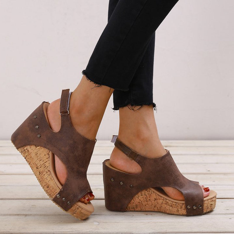 Casual Simplicity Patchwork Fish Mouth Wedges Shoes Dark Brown