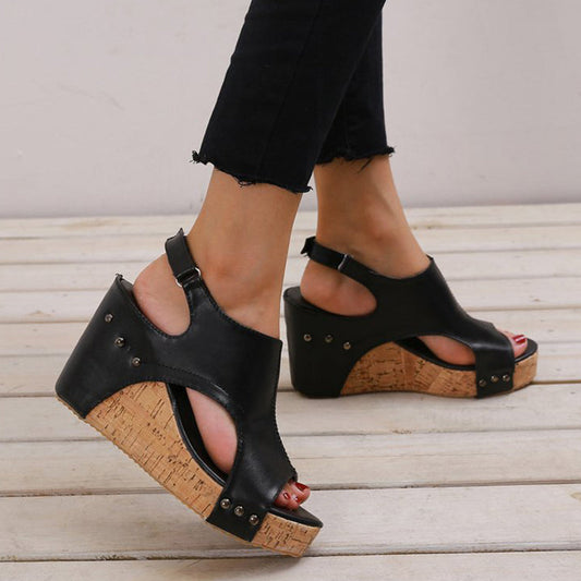 Casual Simplicity Patchwork Fish Mouth Wedges Shoes Black