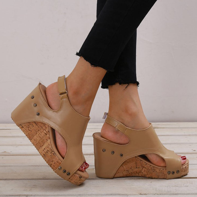 Casual Simplicity Patchwork Fish Mouth Wedges Shoes Khaki