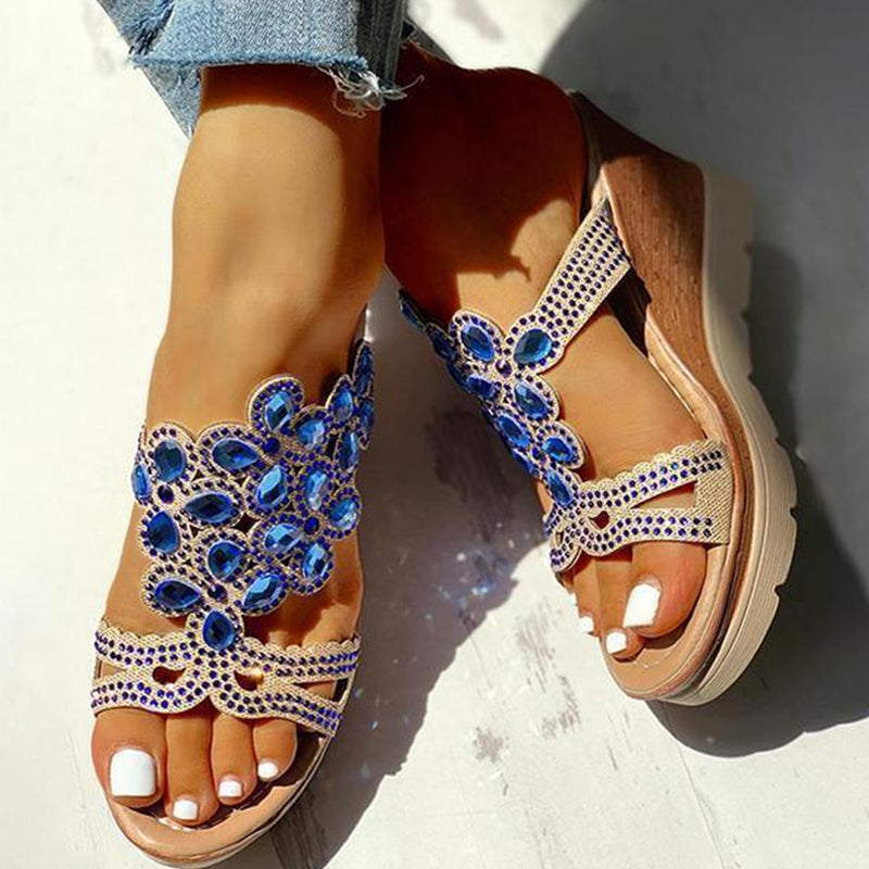 Casual Rhinestone Opend Wedges Shoes Blue