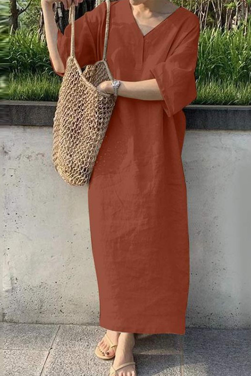 Casual Solid V Neck One Step Skirt Dresses Orange Red